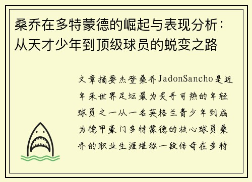 桑乔在多特蒙德的崛起与表现分析：从天才少年到顶级球员的蜕变之路